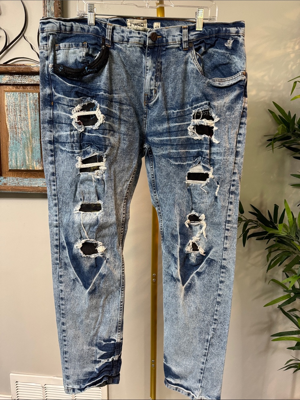 FWRD denim Slim-Straight Distressed Jeans in Light Blue EUC 42
